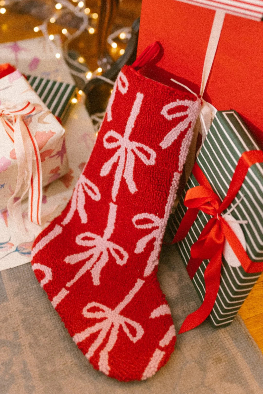 Red and Pink Bow Wool Hook Stocking | Ivy City Co