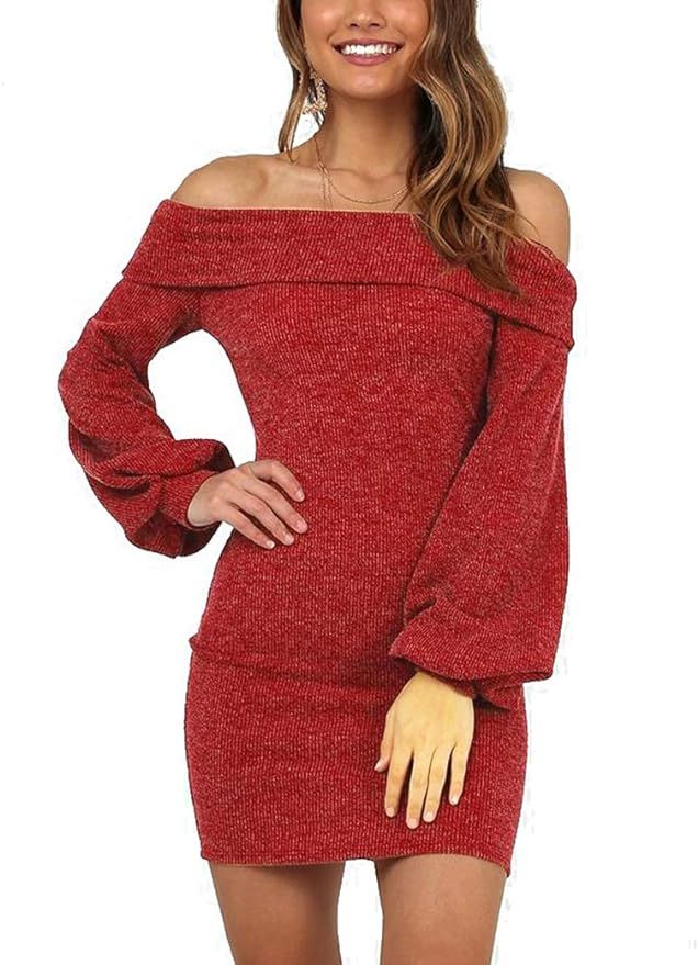 MARI CIAS Women Casual Off Shoulder Sweater Dress Long Sleeve Knit Bodycon Party Dresses | Amazon (US)