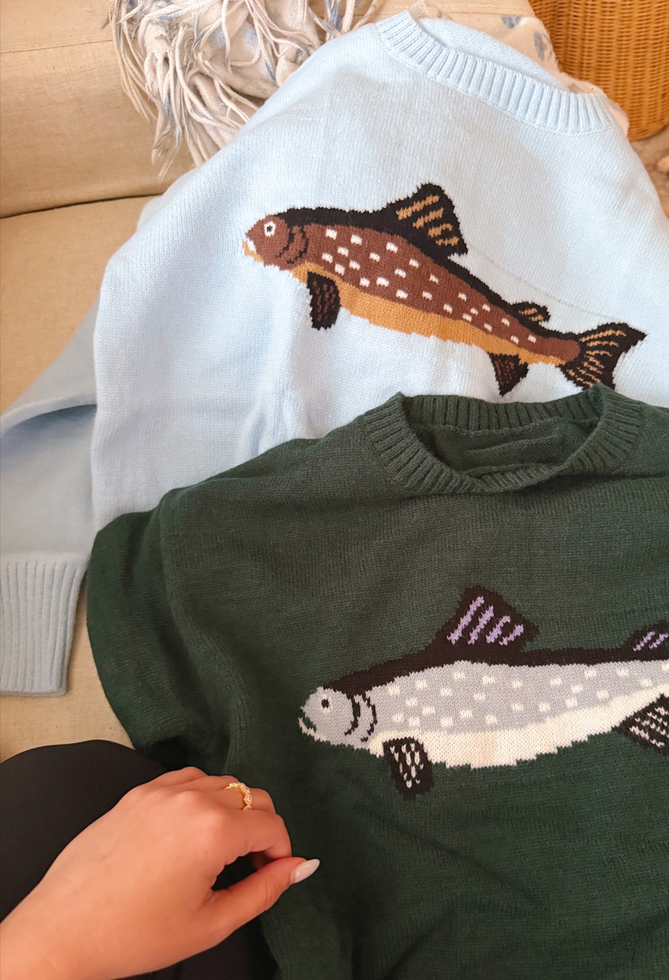 Fish sweater for fall
Olive green sweater & light blue sweater 

#LTKFindsUnder50