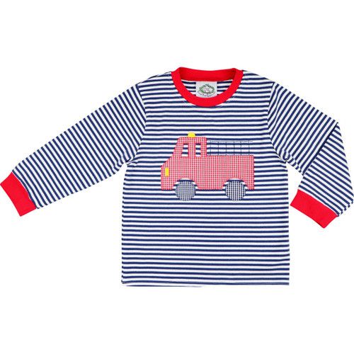 Navy And Red Stripe Applique Firetruck Shirt | Cecil and Lou