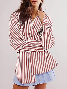 Cicy Bell Womens Oversized Striped Button Down Shirts Boyfriend Long Sleeve Collared Work Blouses | Amazon (US)