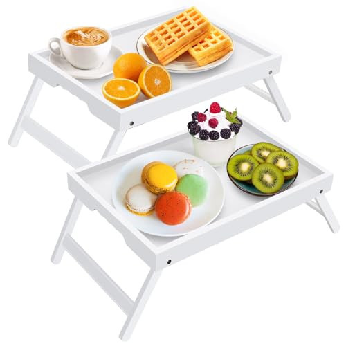 Artmeer Bed Tray Table with Folding Legs,Bamboo Breakfast in Bed for TV Table, Laptop Computer Tray,Eating,Snack Tray White 2 Pack(White) | Amazon (US)
