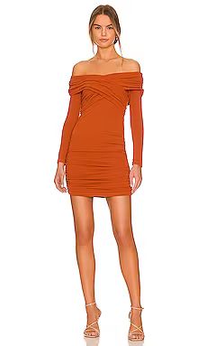 MONROW Supersoft Off Shoulder Shirred Mini Dress in Bombay Brown from Revolve.com | Revolve Clothing (Global)