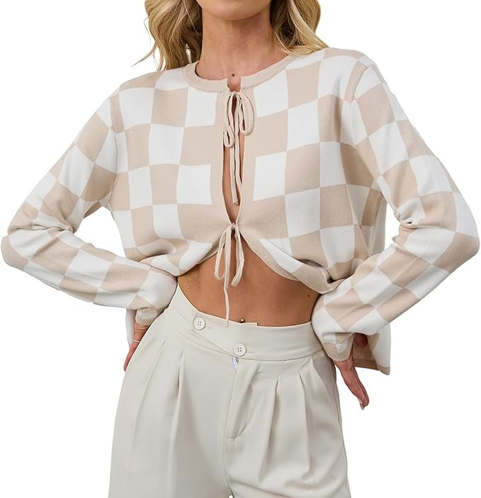 Women Long Sleeve Checkered Bow Tie Cardigan Plaid Color Block Sweater Open Front Hollow Out Knit... | Amazon (US)