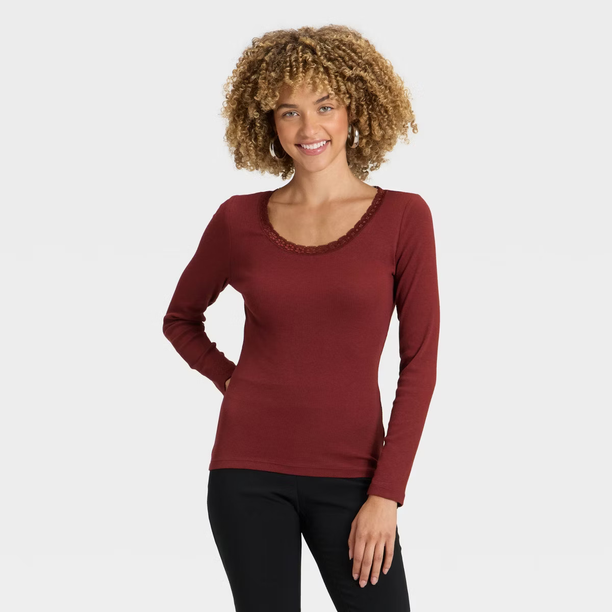Women's Long Sleeve Lace Trim Scoop Neck Top - A New Day™ | Target