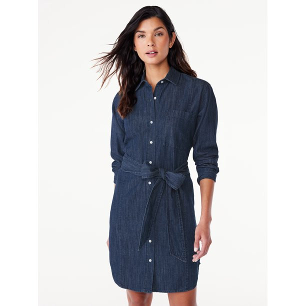 Free Assembly Women's Belted Mini Denim Shirtdress with Long Sleeves, Sizes XS-XXL - Walmart.com | Walmart (US)