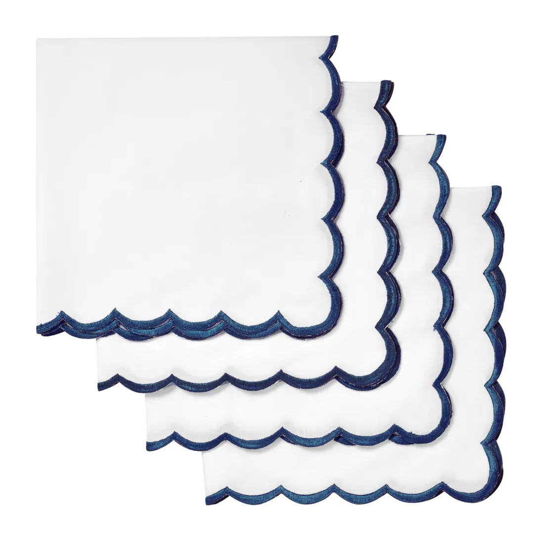 White Cotton Napkin Set With Blue Embroidered Scallop –reusable Table Linens for Wedding, Farmh... | Etsy (US)