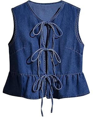 SHENHE Women's Y2k Tie Front Denim Vest V Neck Ruffle Hem Sleeveless Peplum Jean Top Shirt | Amazon (US)