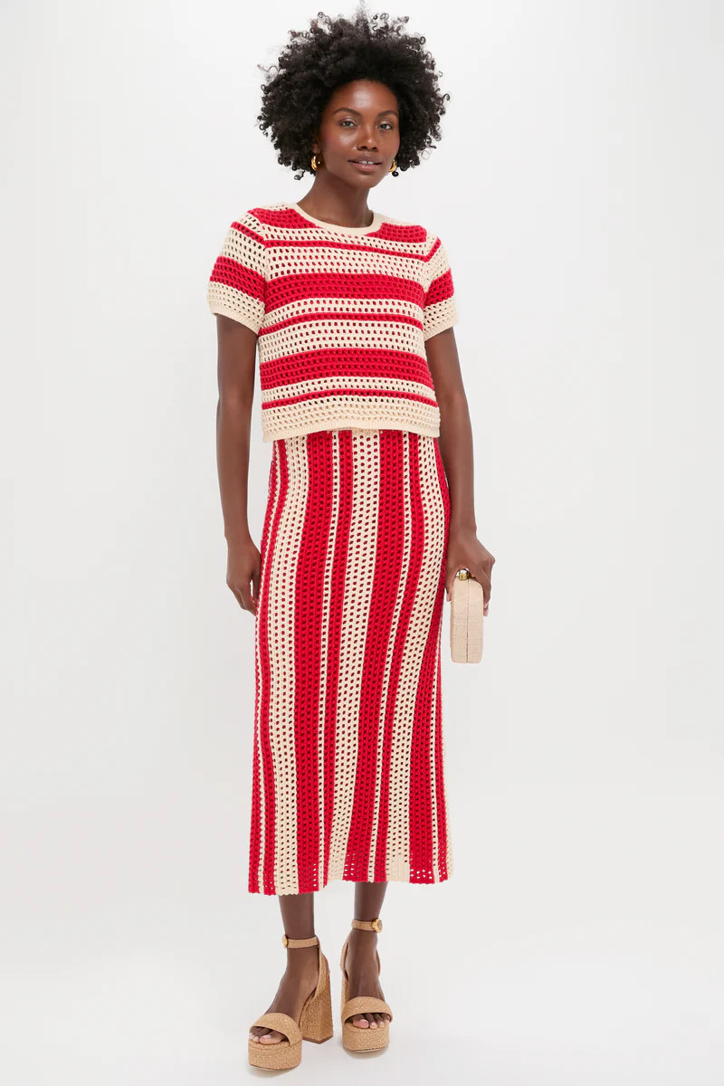 Burnt Red & Beige Striped Knit Ren Midi Skirt | Tuckernuck (US)