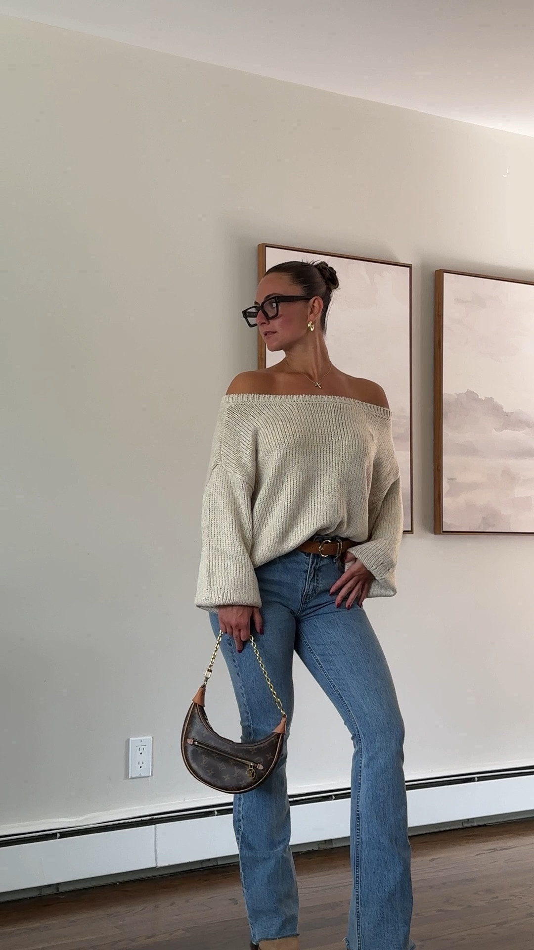 Size 26w regular jeans & size medium sweater (this exact one is sold out but I found a similar one!)