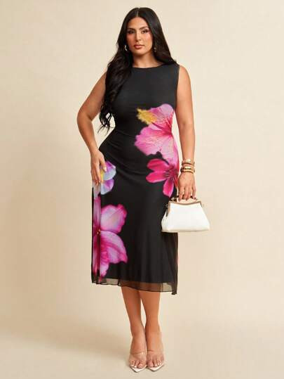 SHEIN BAE Plus Size Women Spring Summer Black Mesh Elegant Mid-Length Bodycon A-Line Knit Dress, ... | SHEIN