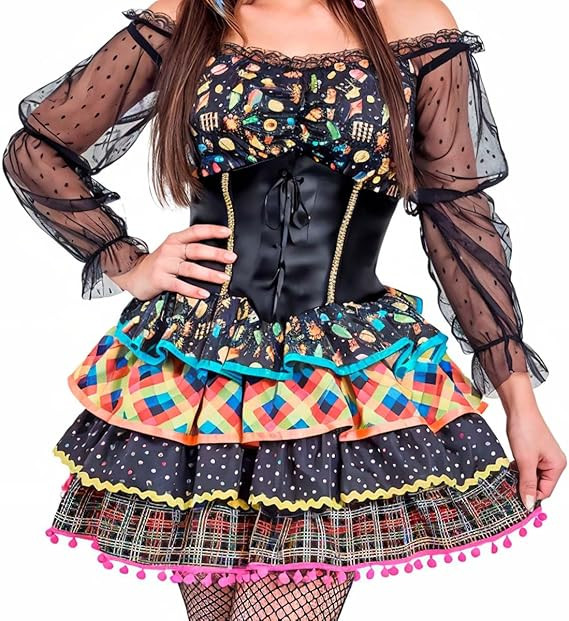 Vestido Adulto Feminino de Festa Junina Preto e Xadrez Com Saia Armada Super Rodada 4 Babados de ... | Amazon (BR)
