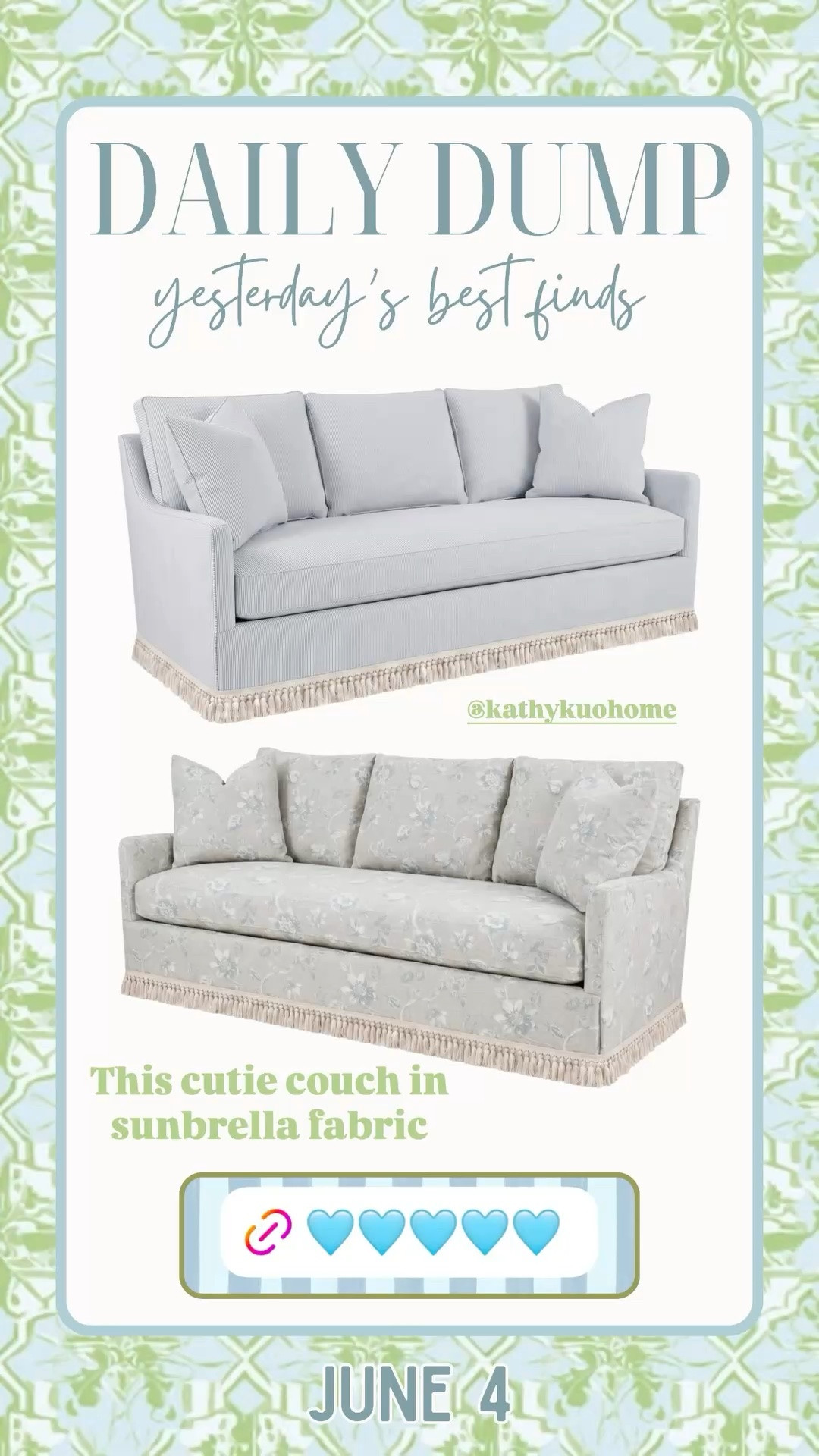 This cutie couch in sunbrella fabric  @kathykuohome