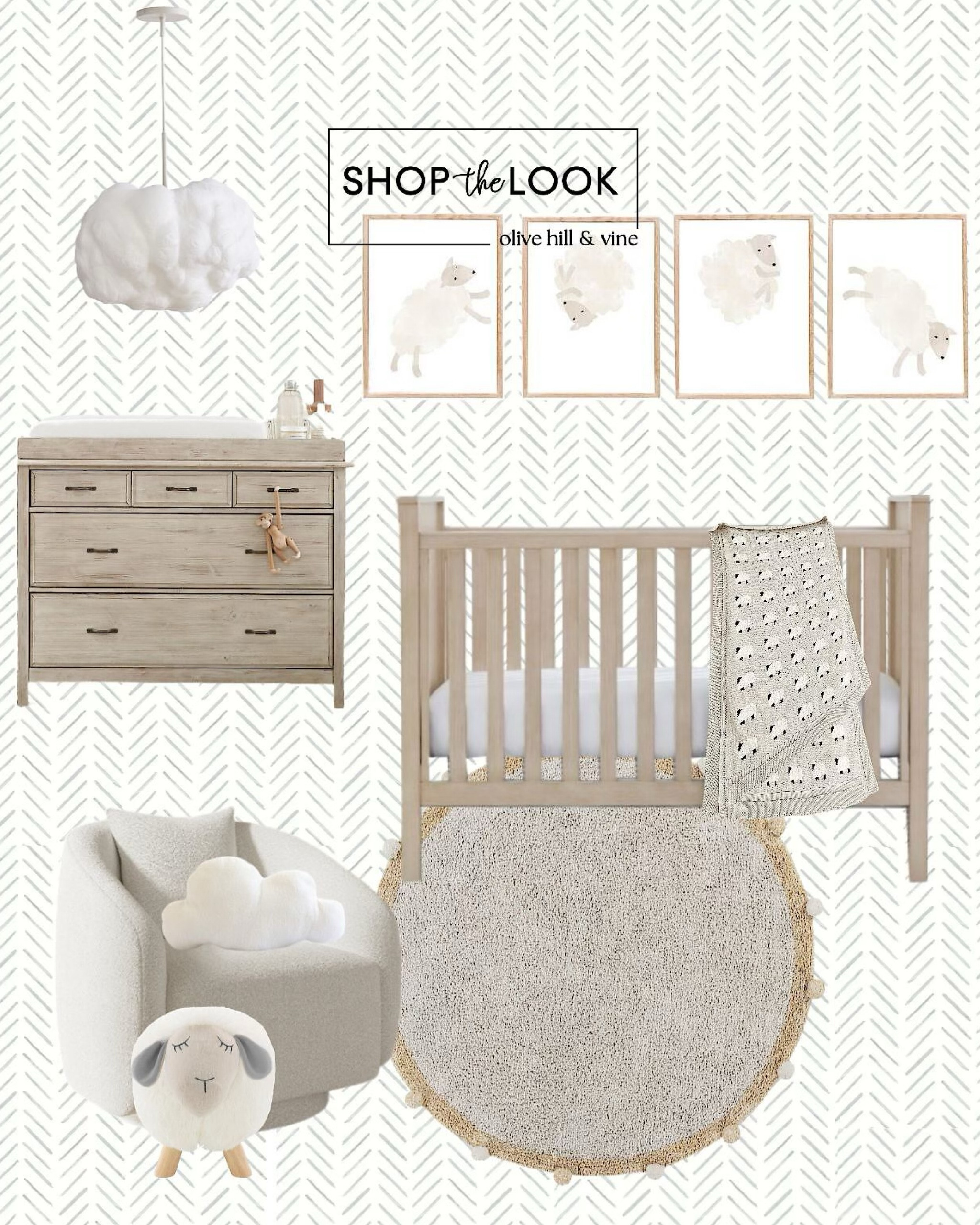 Drift into dreamland with a nursery that’s as soft as a lullaby. Chevron-striped walls set the scene, while fluffy sheep leap across canvas art. A cloud light pendant adds a sprinkle of magic, and blonde wood furniture pairs with a plush swivel chair for the sweetest escape. 

#LTKBaby #LTKHome #LTKBump