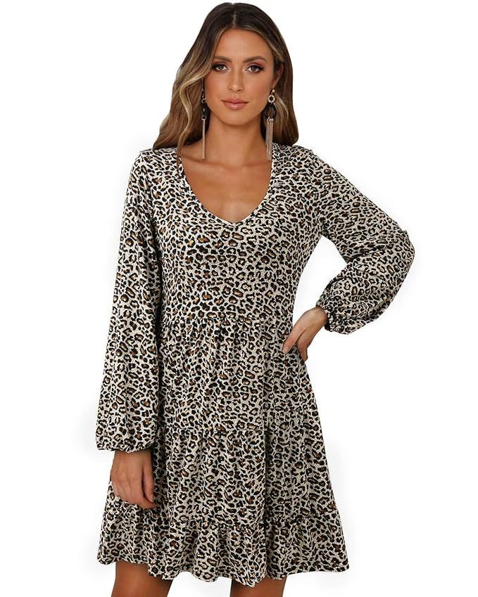 SOLERSUN Women's Casual Leopard Tunic Dress Long Sleeve V Neck Loose Swing Babydoll Dresses | Amazon (US)