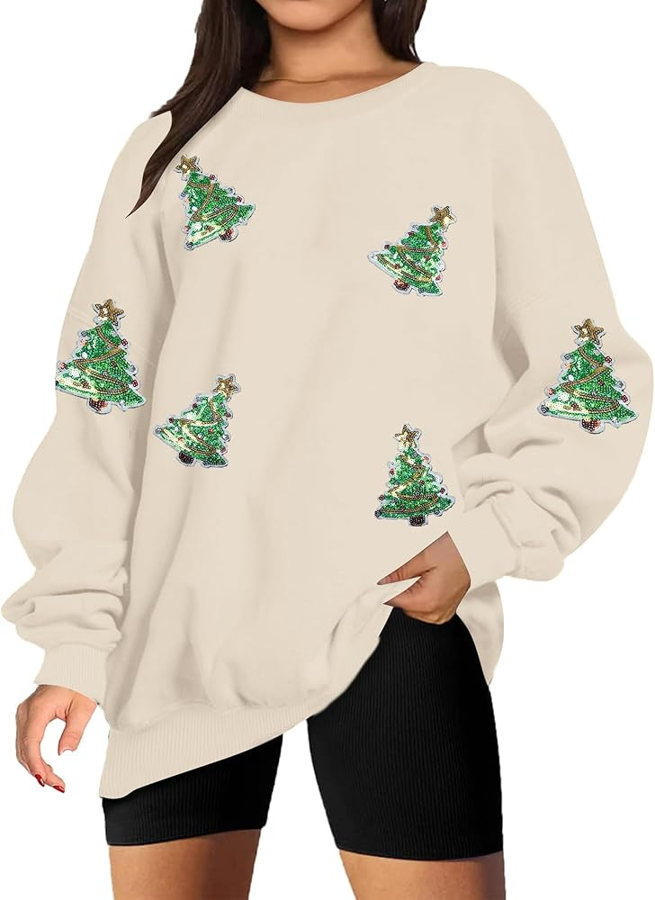 MYHALF Christmas Sweatshirt for Women Crewneck Sequin Christmas Tree Sweater Xma Long Sleeve Holi... | Amazon (US)