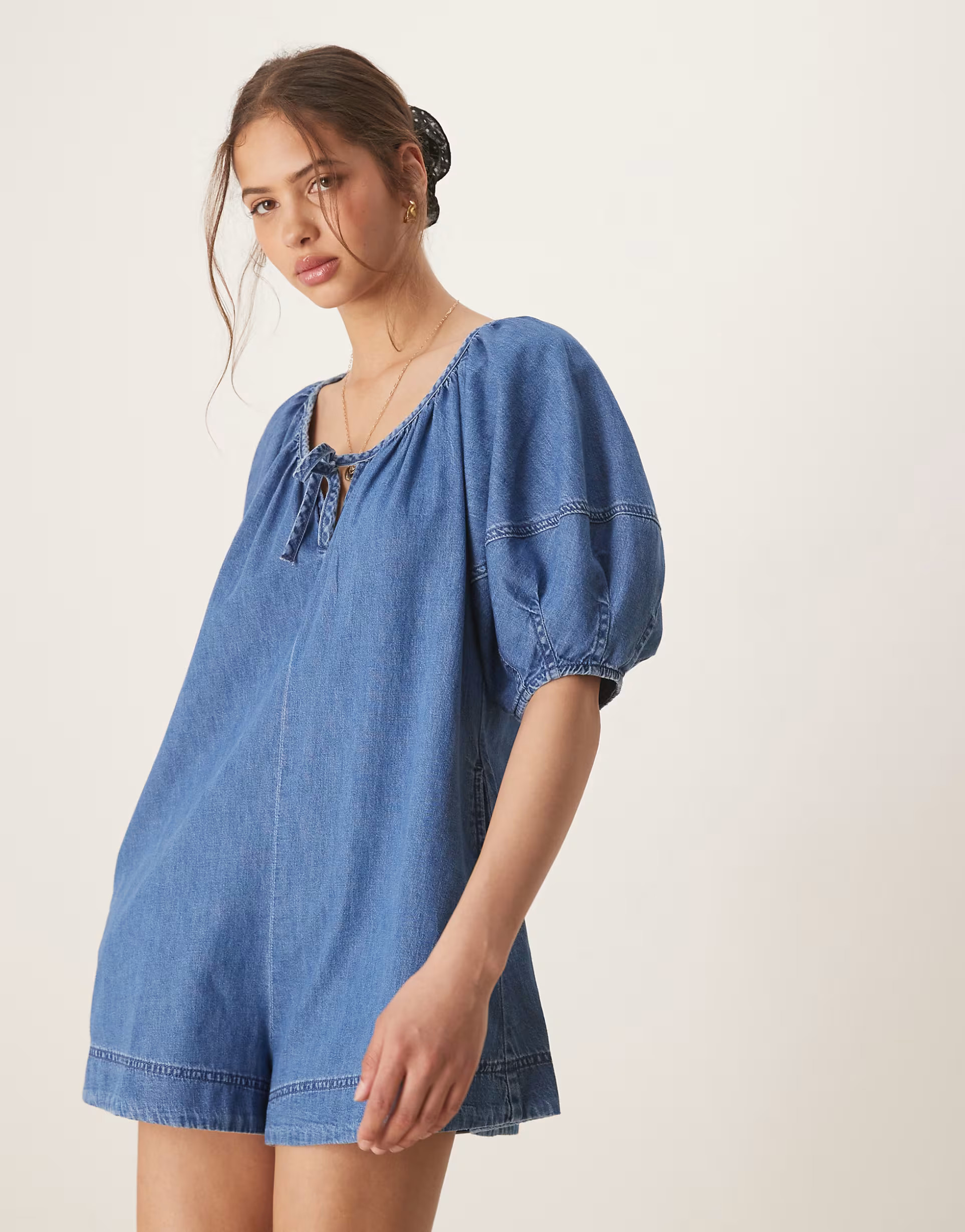 ASOS DESIGN soft denim playsuit with balloon sleeves in midwash blue | ASOS (Global)