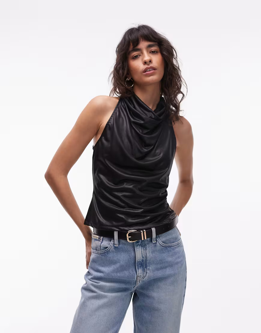 ASOS DESIGN cowl neck metallic tank top in black | ASOS (Global)
