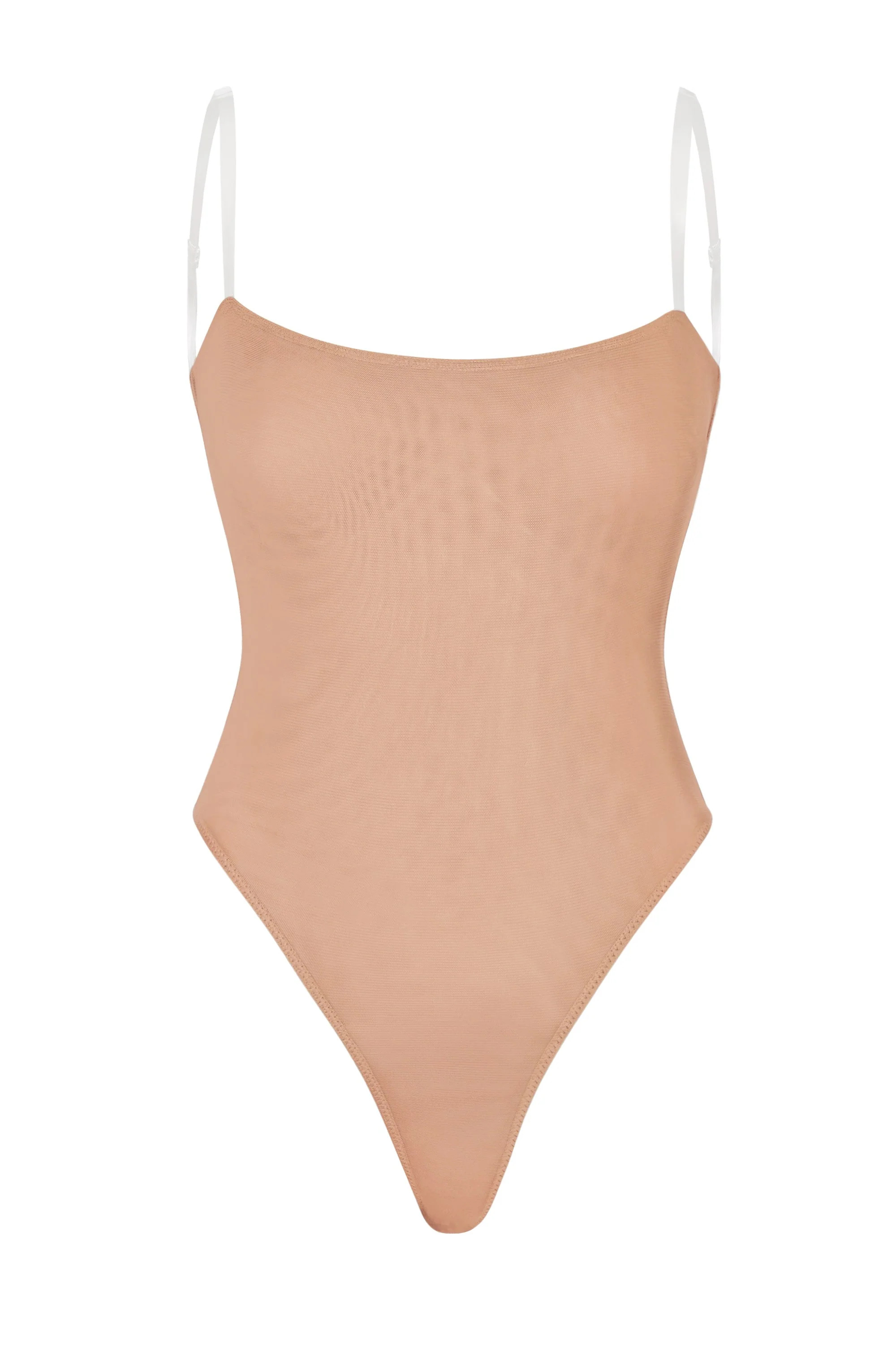 Soft Mesh Clear Strap Bodysuit in Warm Peach | Oh Polly