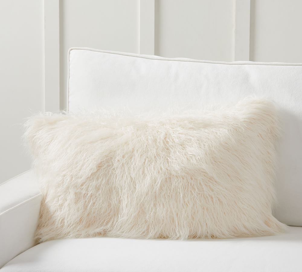 Mongolian Faux Fur Lumbar Pillow Cover, 16 x 26&amp;quot;, Ivory | Pottery Barn (US)