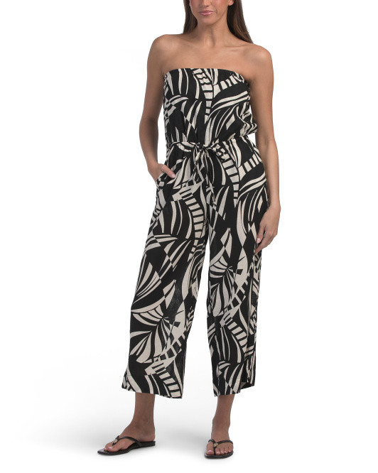 Linen Blend Printed Strapless Wide Leg Jumpsuit With Elastic Waist | TJ Maxx