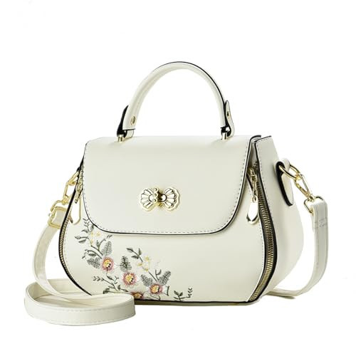 liuzhijiao Women Flip up Embroidered Satchel Lightweight Small Totes Top Handle Purses and Handbag Crossbody Shoulderbag for Lady,White | Amazon (US)