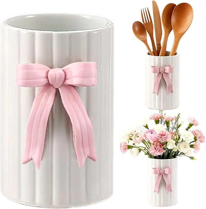 Handmade Pink Bow Ceramic Utensil Holder, 3D Coquette Cooking Utensil Crock for Kitchen Counter, ... | Amazon (US)