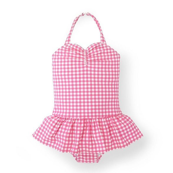 Hope & Henry Girls' Ruched Pink Gingham One-Piece Swimsuit, Kids | Target