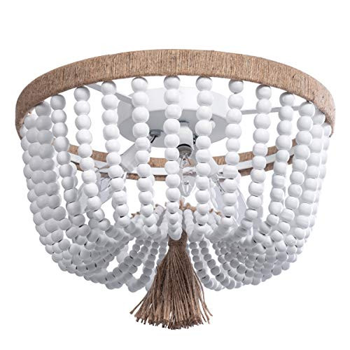 VILUXY Bohemia Wood Beaded Flush Mount Ceiling Light Antique Rustic Mini Chandelier White Finishing  | Amazon (US)