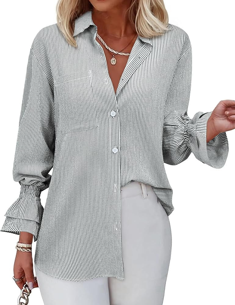 Women's Striped Button Down Shirt Smocked Cuffed Boyfriend Blouse Ruffle Sleeve Casual Tunic Tops... | Amazon (US)