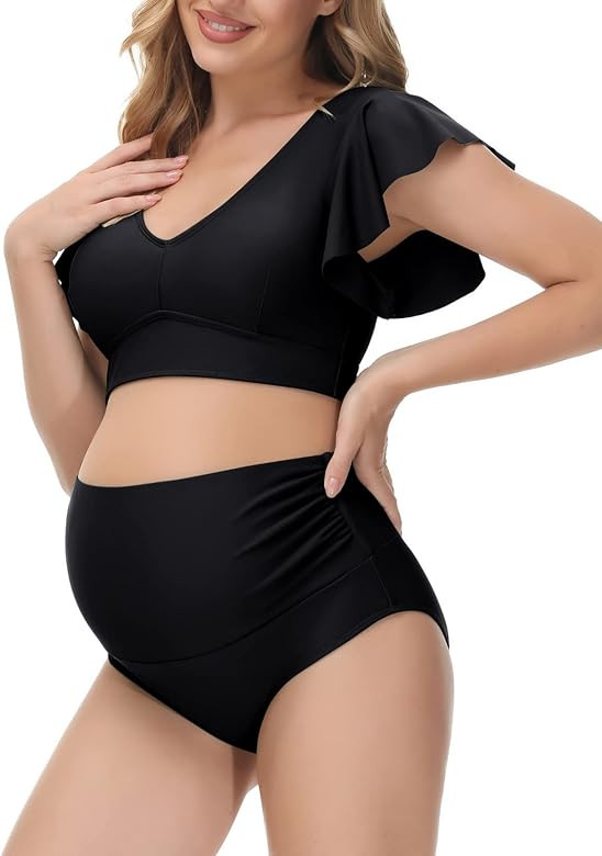 Maacie Maternity Bikini Swimsuit Ruffle Tops+High Waist Floral Brief 2PCS Swimwear | Amazon (US)