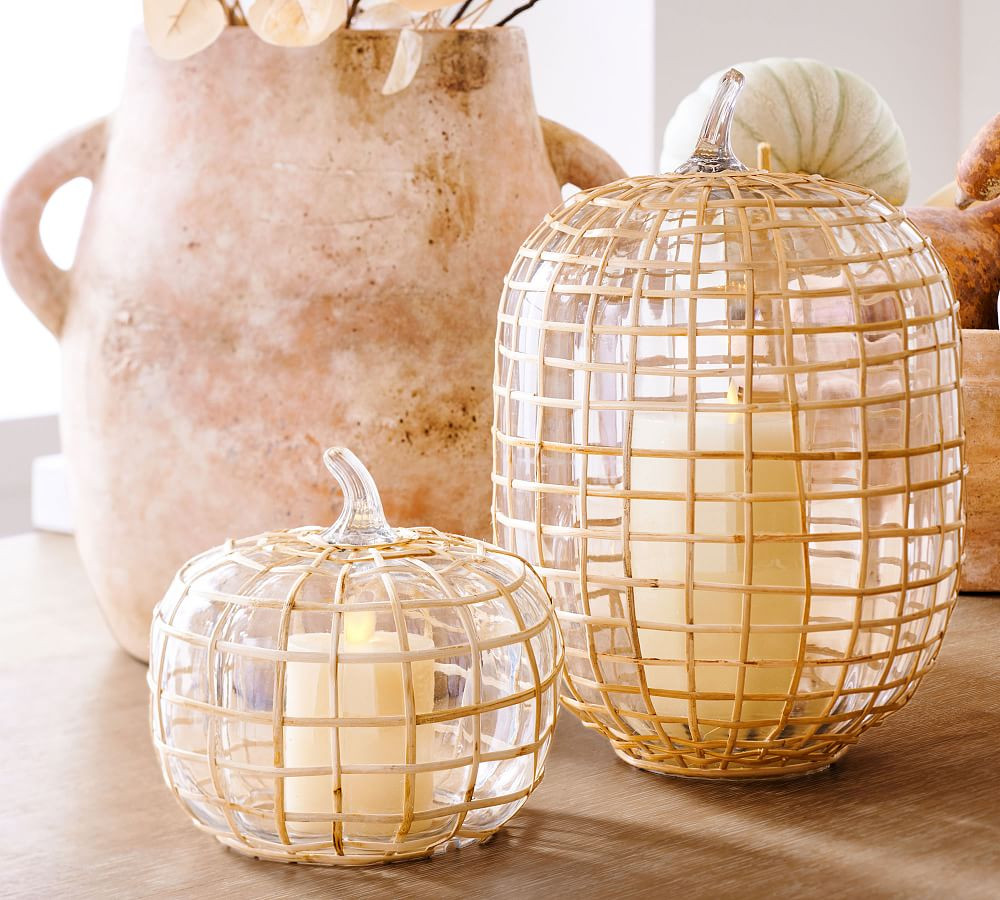 Palm Rattan Recycled Glass Pumpkin | Pottery Barn (US)