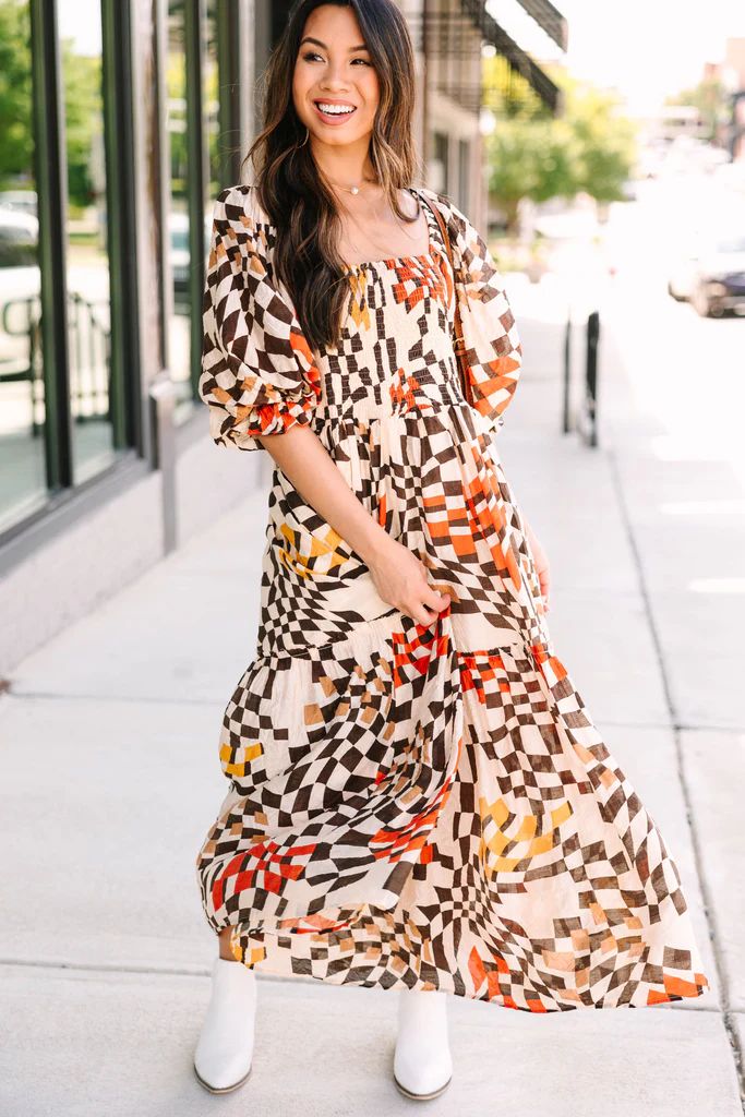 Know What You Want Brown Abstract Midi Dress | The Mint Julep Boutique