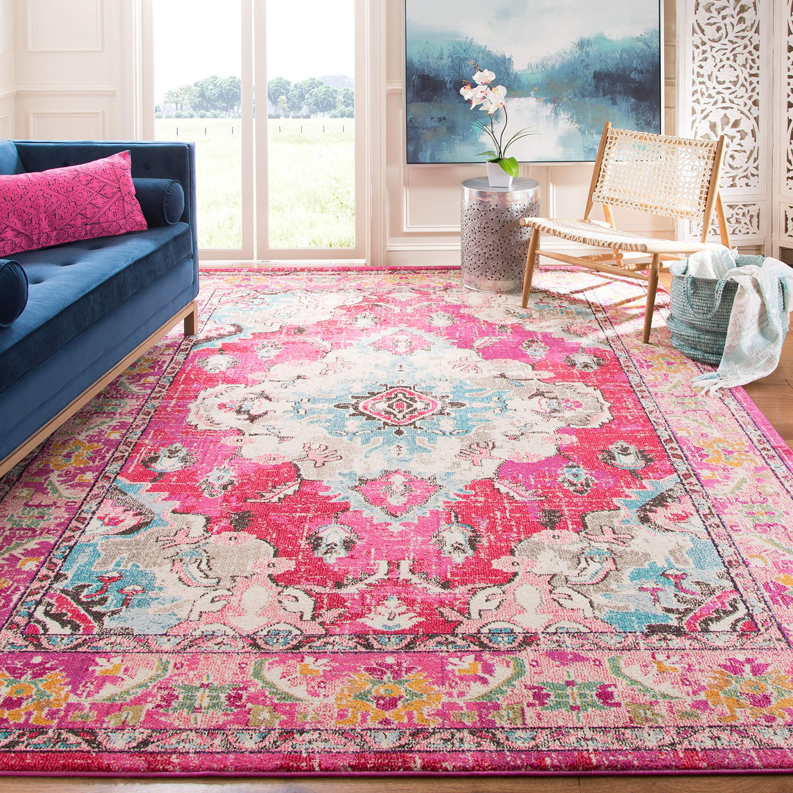 SAFAVIEH Monaco Collection Area Rug - 9' x 12', Pink & Multi, Boho Chic Medallion Distressed Desi... | Amazon (US)