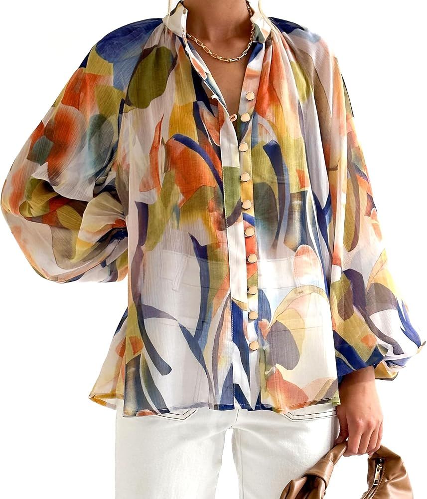 Sissyaki Women's Long Sleeve Floral Print Blouse Boho Button Down Shirts Spring Summer Tops 2024 | Amazon (US)