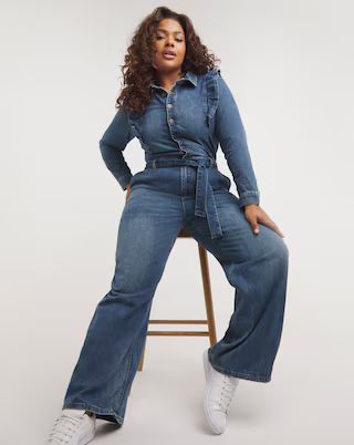 Blue Vintage Denim Boiler Suit With Frill Detail | Simply Be (UK)