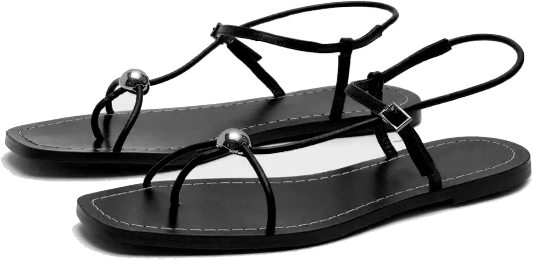 Strappy Flat Sandals for Women Open Square Toe Silver Ball Thong Sandal Summer Dressy Beach Flip ... | Amazon (US)