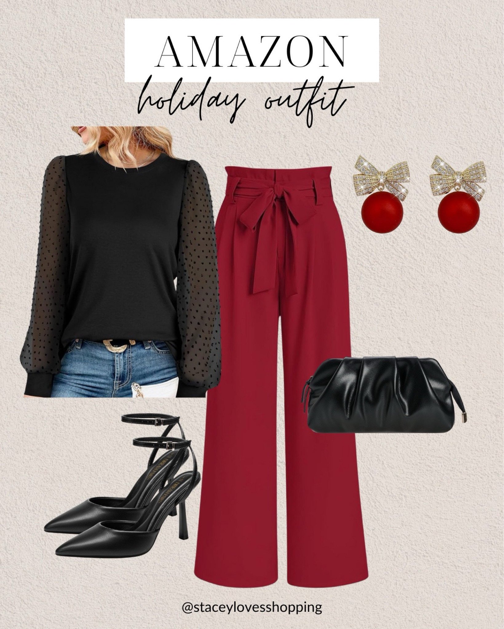 Amazon holiday outfit idea! Red wide leg pants, black top, black heels, black purse and holiday earrings!

#LTKHoliday #LTKStyleTip #LTKOver40