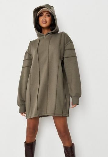 Missguided - Khaki Seam Detail Oversized Hoodie Dress | Missguided (US & CA)
