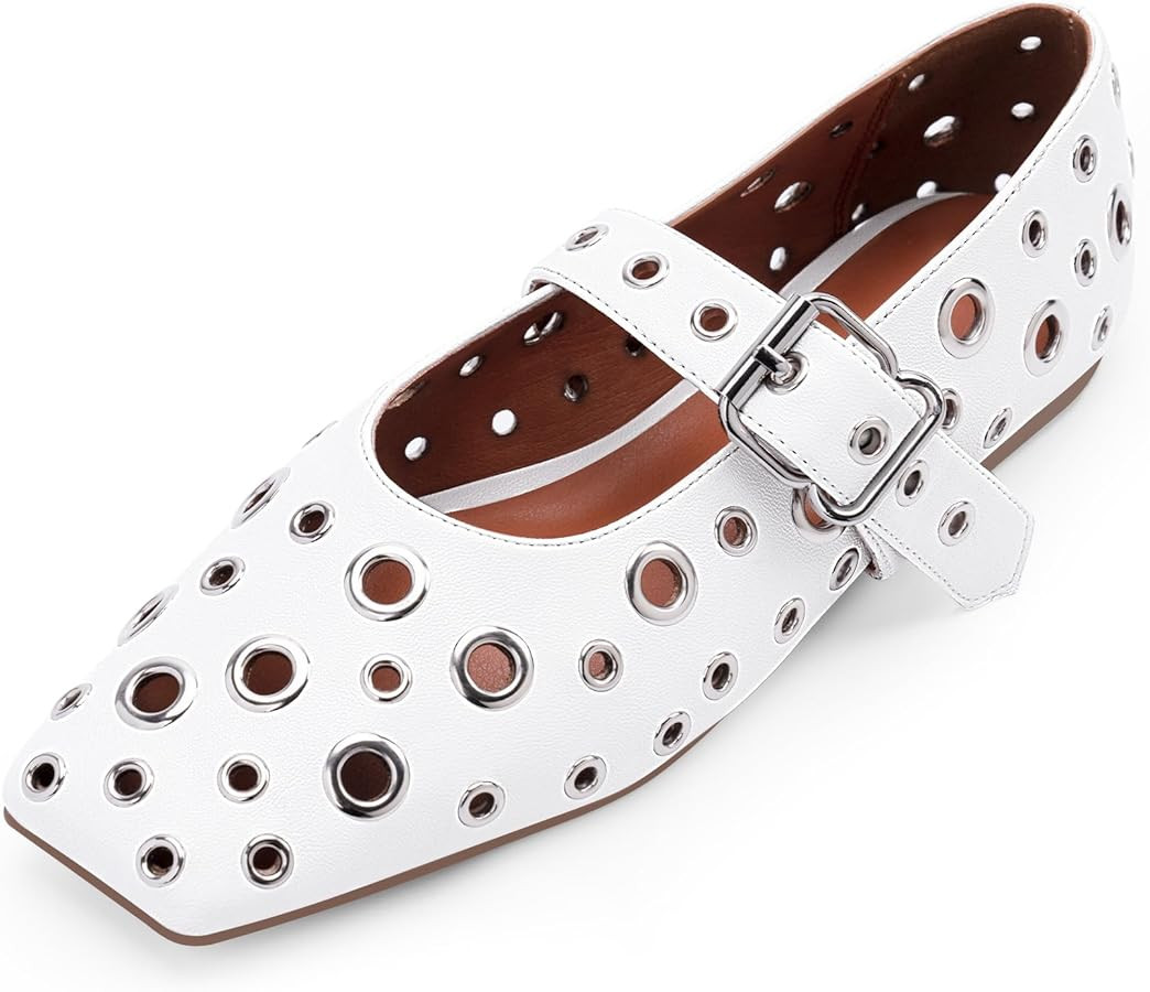 Women's Ballet Flats Metal Eyelet Buckle Perforated Studded Mary Jane Shoes | Amazon (US)