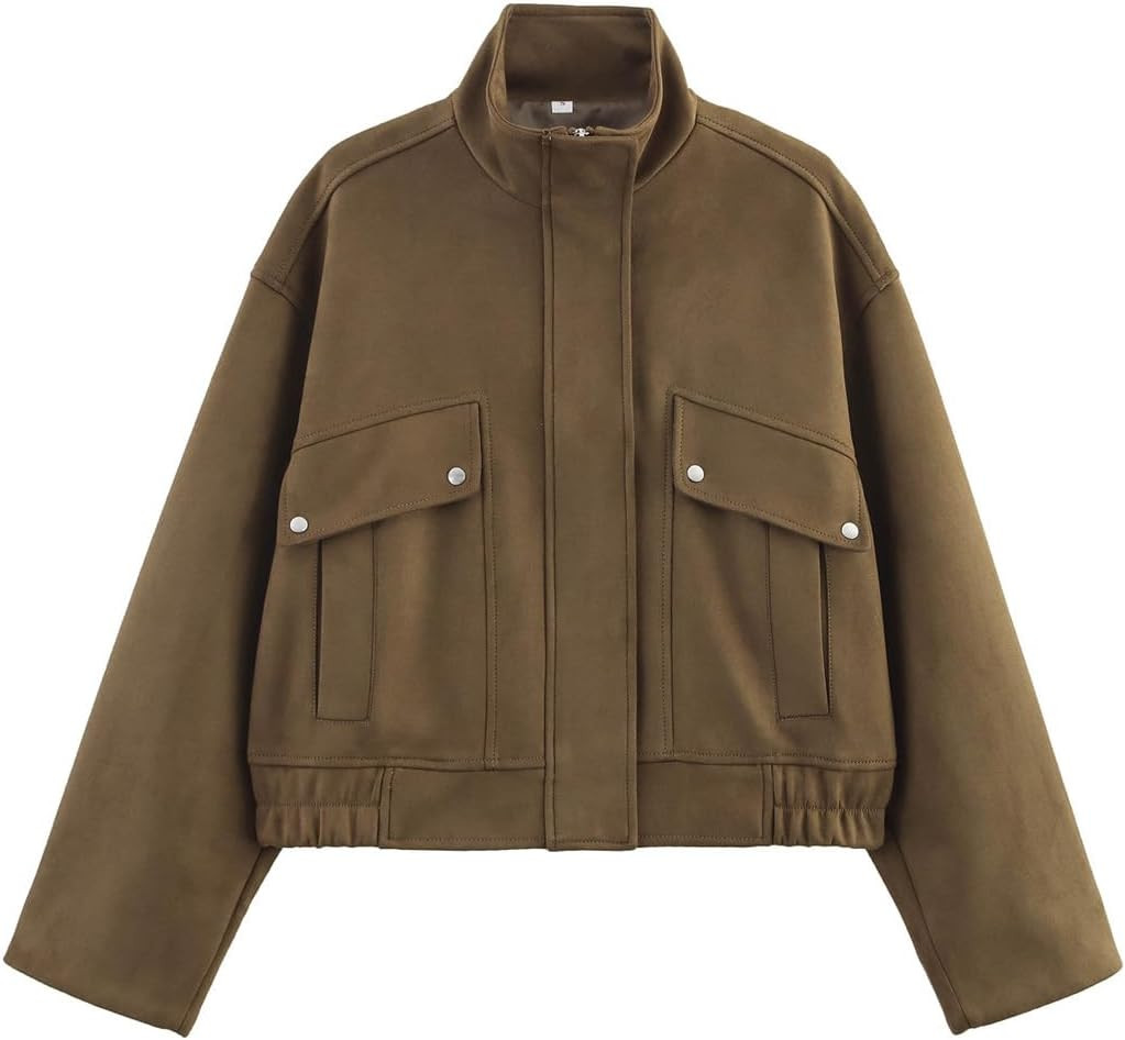 Suede Jacket Women Casual Cropped Bomber Jacket Stand Collar Zip Up Lightweight Outwear for Fall Winter | Amazon (US)