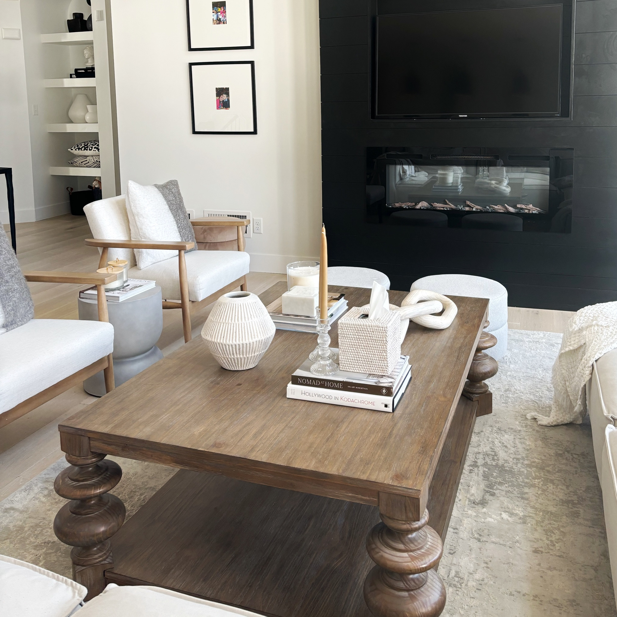 Wood coffee table, oversized coffee table, accent chairs, neutral decor, neutral family room, two-story family room, coffee table styling, coffee table books, tricorn black fireplace, upholstered ottoman, Target accent chairs, Wayfair coffee tables, Target home

#LTKhome