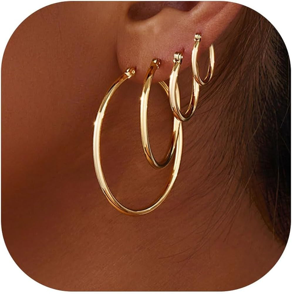 Amazon.com: Gold Hoop Earrings Set for Women,14k Gold Plated Gold Hoops with Sterling Silver Post... | Amazon (US)