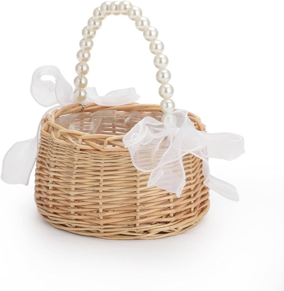 Wicker Flower Girl Basket, Rustic Elegant Wedding Baskets with Pearl Handle and Ribbon Bow, Ratta... | Amazon (US)