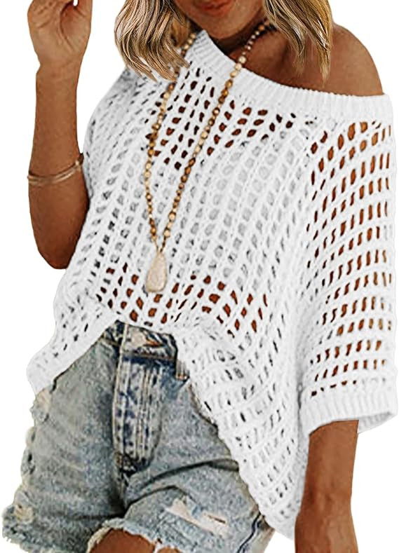 Zeagoo Short Sleeve Crochet Sweater Lightweight Summer Tops Loose Hollow Out Crewneck Pullover | Amazon (US)