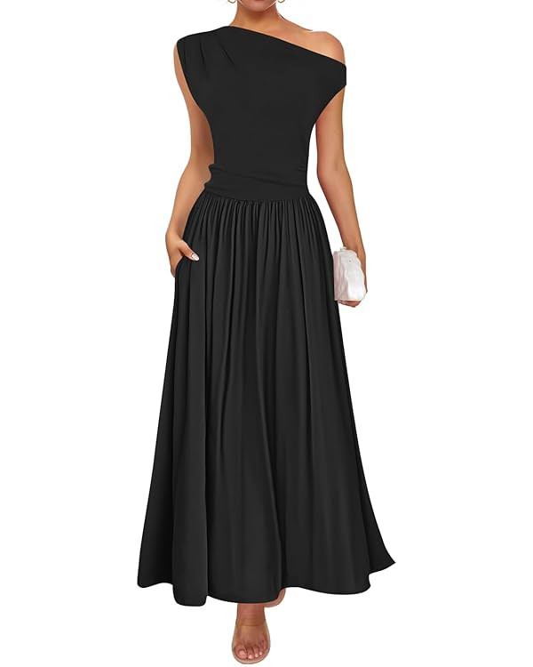 ZESICA Women's Summer 2025 Sleeveless Maxi Dress One Shoulder Casual Slim Swing Pleated Formal Dr... | Amazon (US)