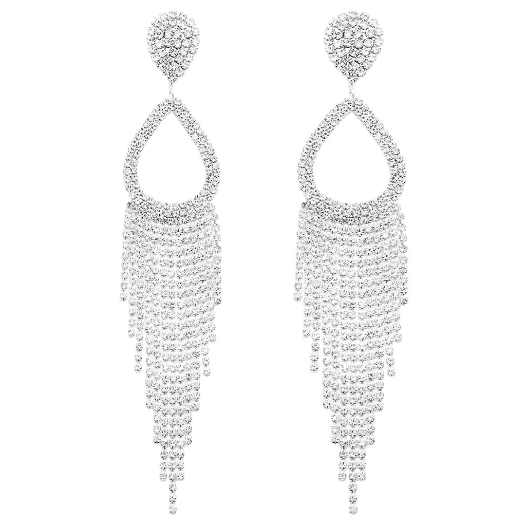 Statement Crystal Rhinestone Teardrop Fringe Shoulder Duster Earrings | Rosemarie Collections