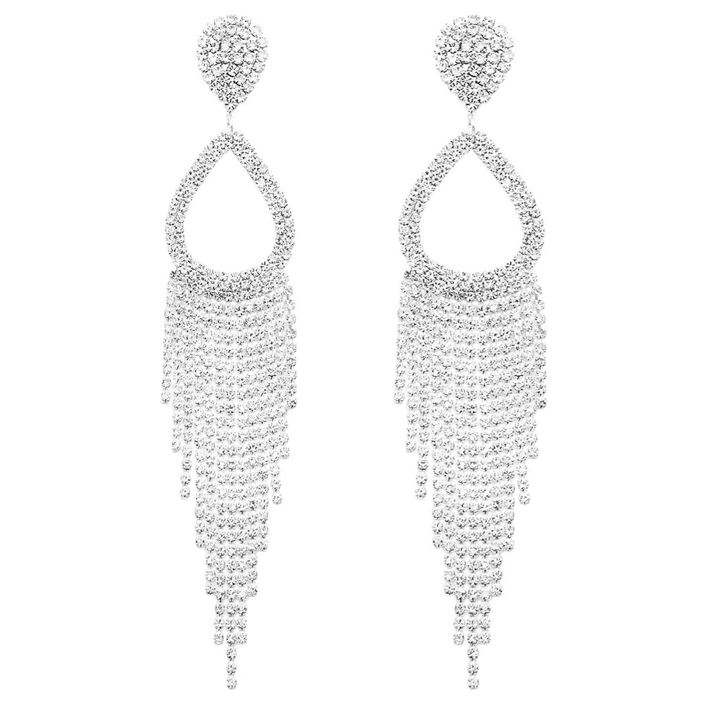 Statement Crystal Rhinestone Teardrop Fringe Shoulder Duster Earrings | Rosemarie Collections