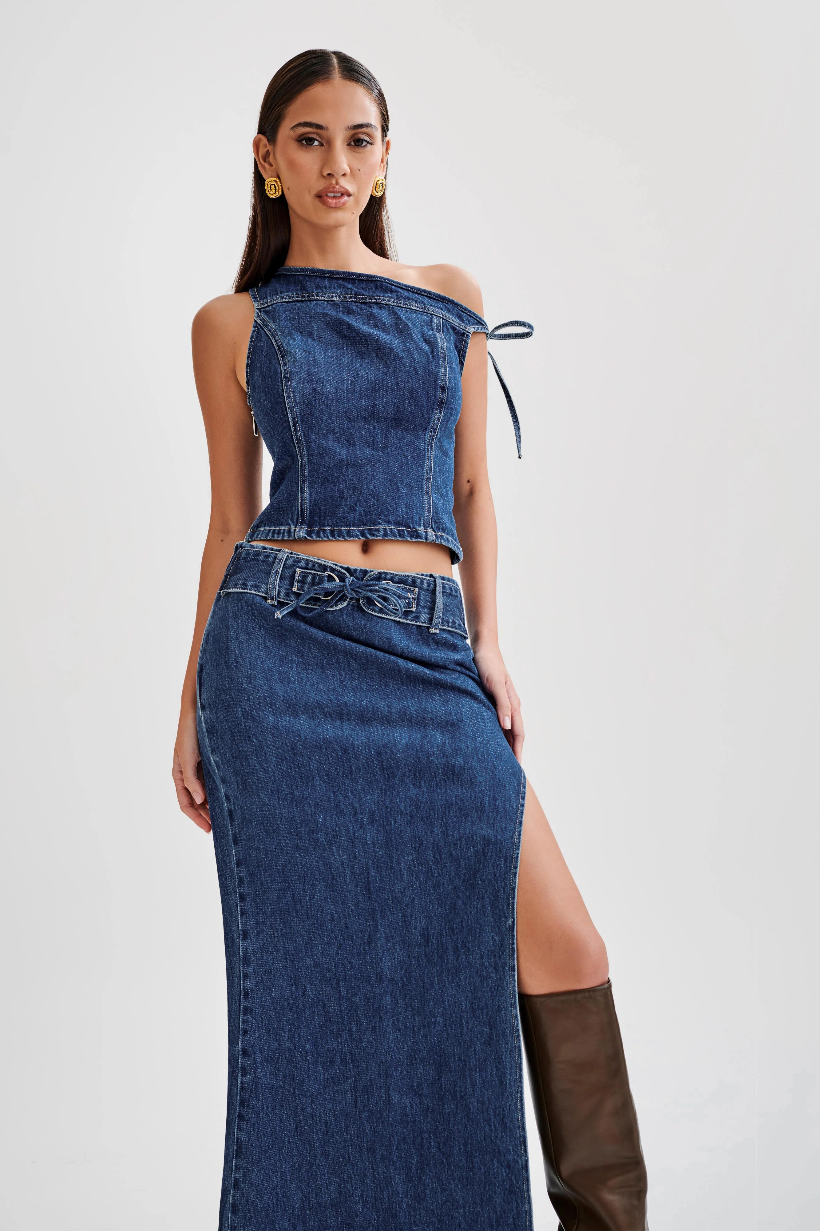 Denim Off Shoulder Top - Dark Blue | MESHKI US