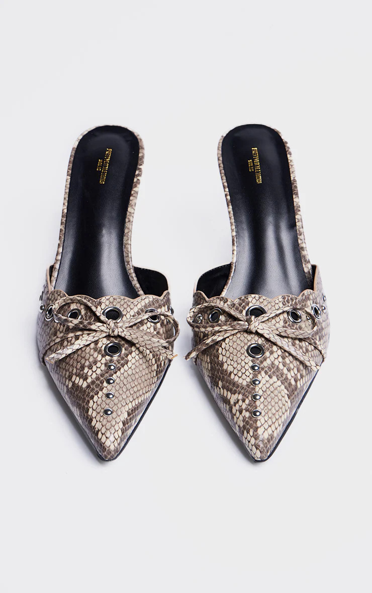 Wide Fit Snake Print PU Point Toe Bow Detailed Heeled Mules | PrettyLittleThing US